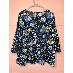 Time and Tru Blue Floral Ruffle Top